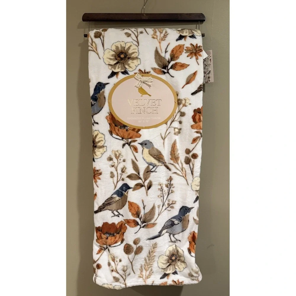 Velvet Finch Oversized Plush Throw Blanket Fall Floral & Birds New 60x70